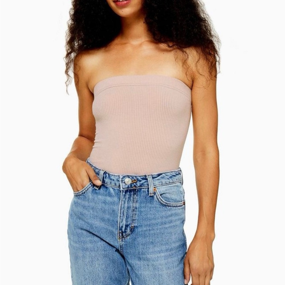 Topshop Strapless Ribbed Bodysuit - Beige